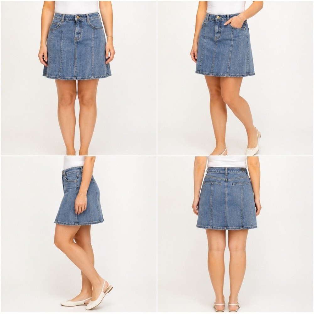 Baccini Denim Paneled A-Line Skirt 10 Blue VTG Y2K Seamed Stretch Mini Skirt